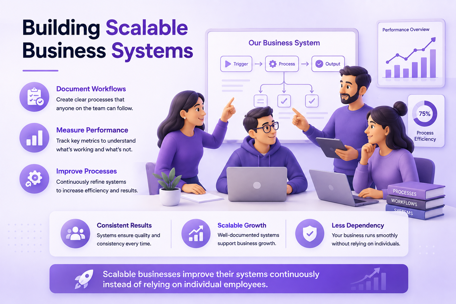 Team collaborating on scalable business systems, documenting workflows, measuring performance, and improving processes.