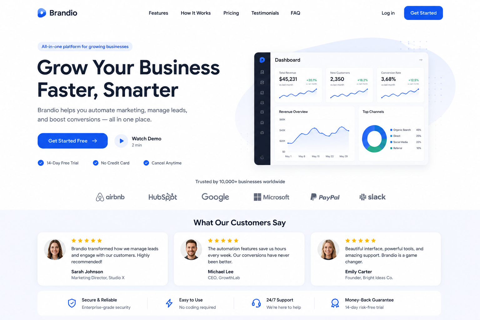 Modern landing page highlighting a compelling headline, call-to-action button, testimonials, and trust badges