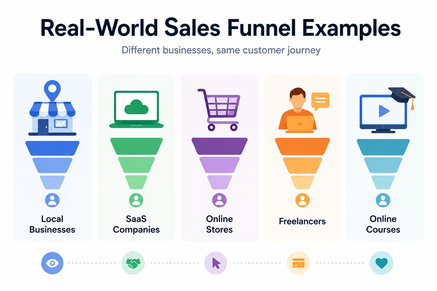 Examples of sales funnels for local businesses, SaaS companies, online stores, freelancers, and online courses