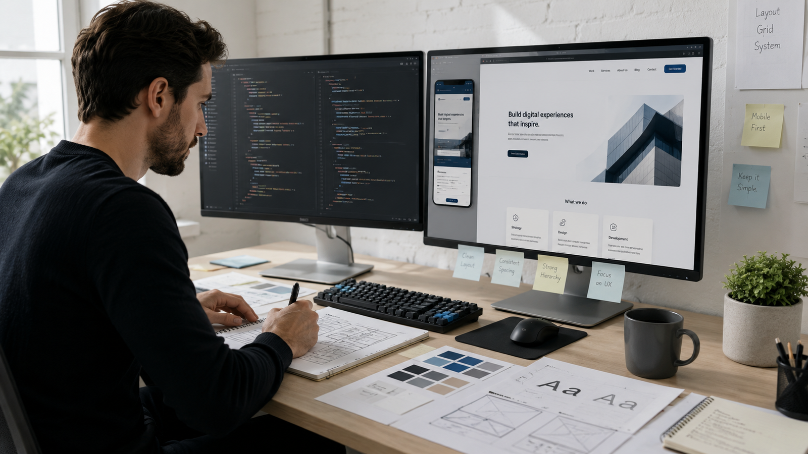 Developer building a modern website using HTML, CSS, and JavaScript