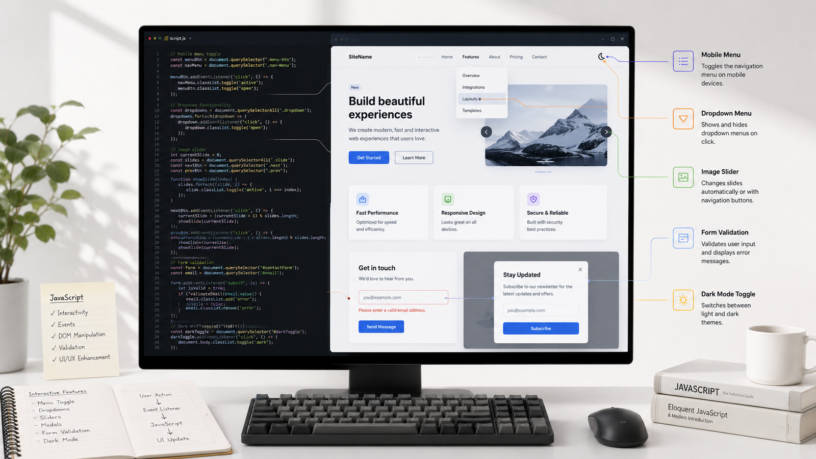 JavaScript code adding interactivity to a modern website