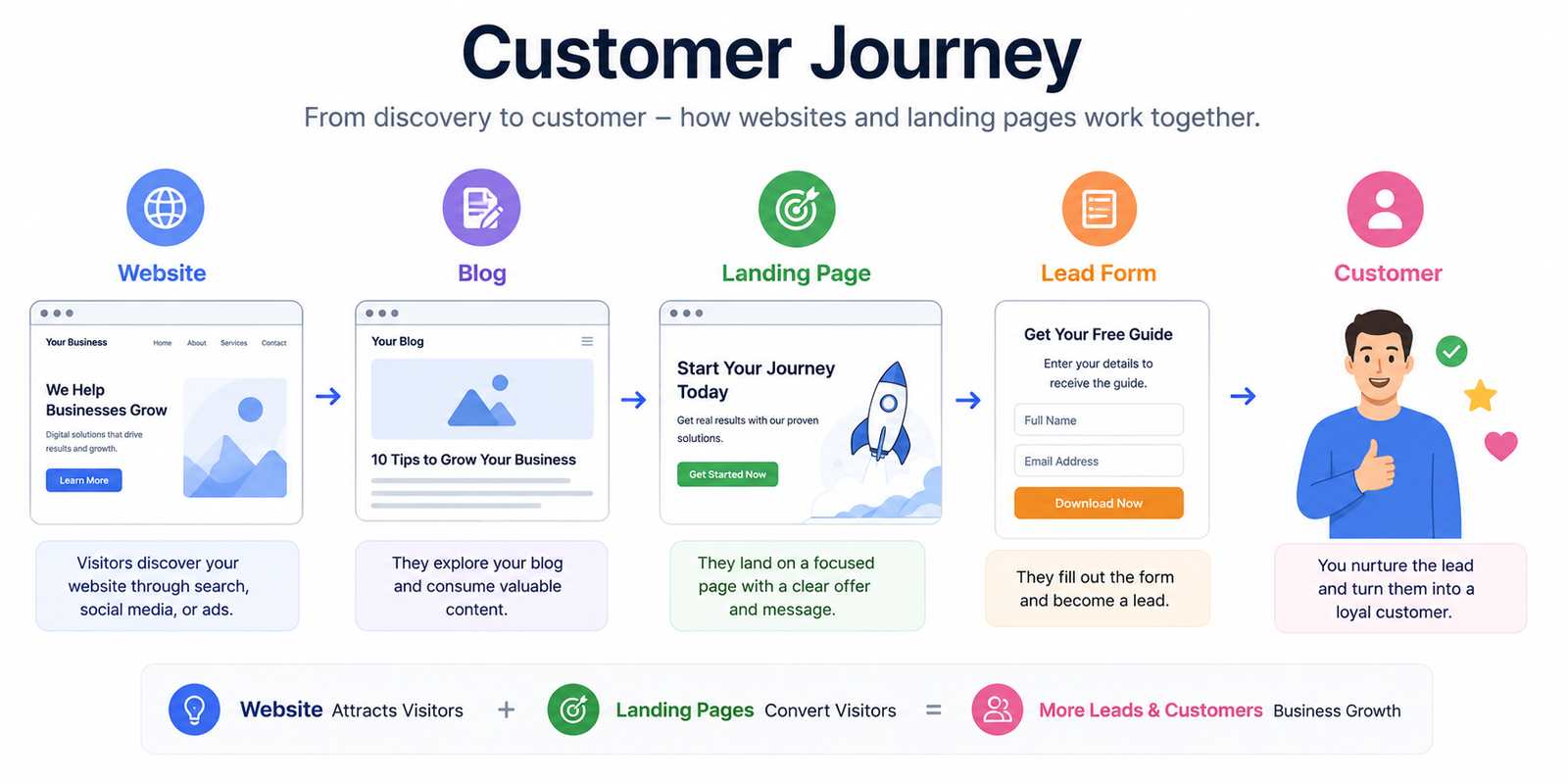 Customer journey showing Website, Blog, Landing Page, Lead Form, and Customer