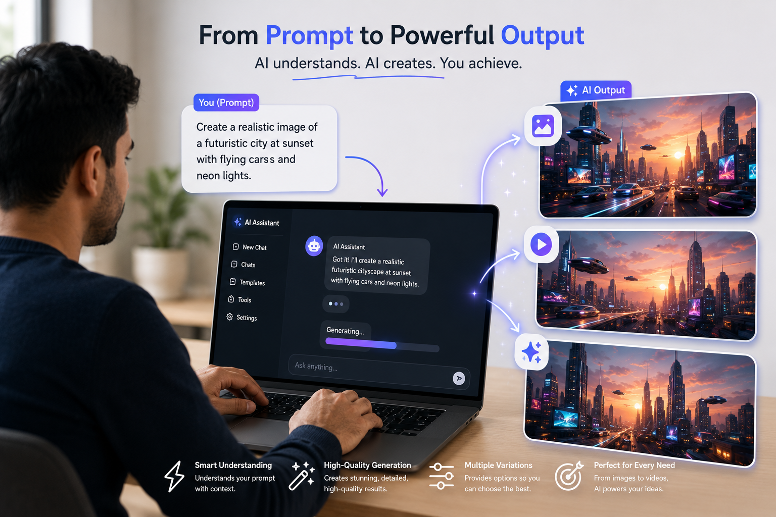Professional using an AI assistant on a laptop to create high-quality prompts