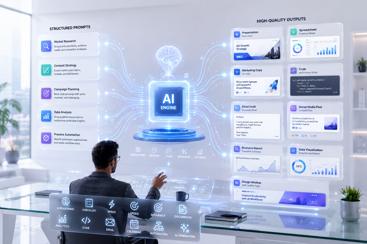 Professional using AI with structured prompts to improve productivity and accuracy