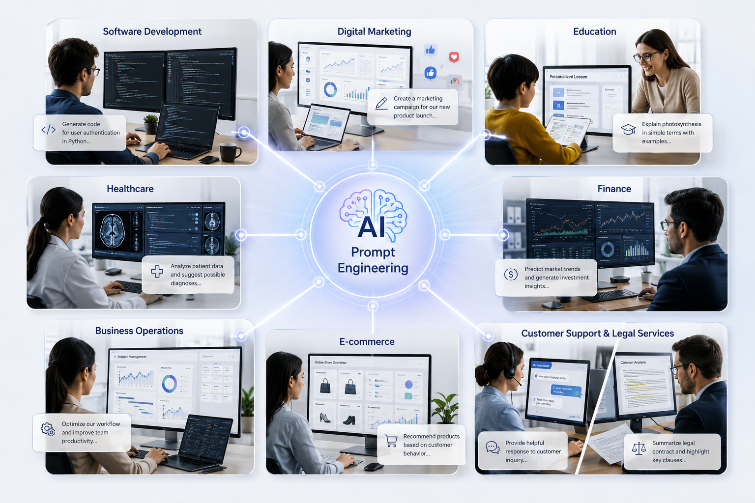 Different industries using prompt engineering with artificial intelligence