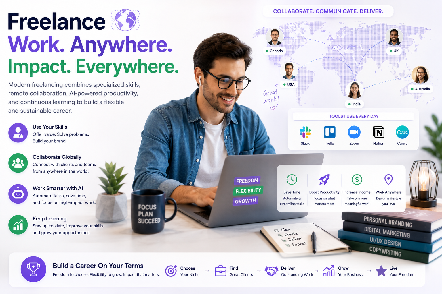 Freelancer working remotely with a laptop while collaborating with clients worldwide through digital tools.