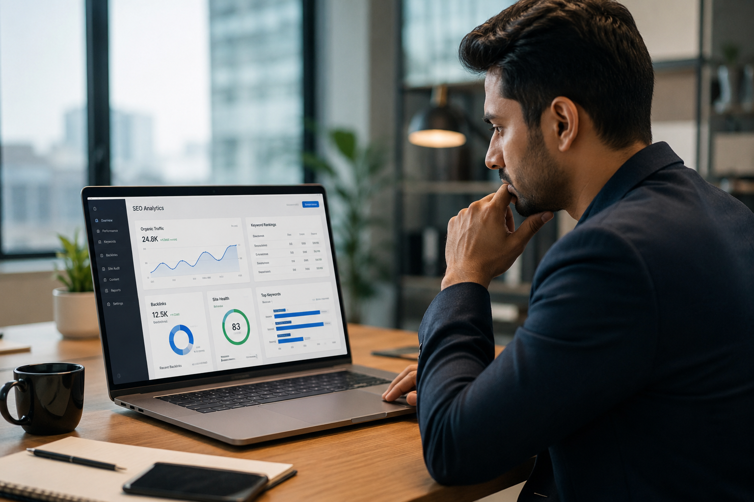 Website owner analyzing Google search rankings and SEO performance on a laptop